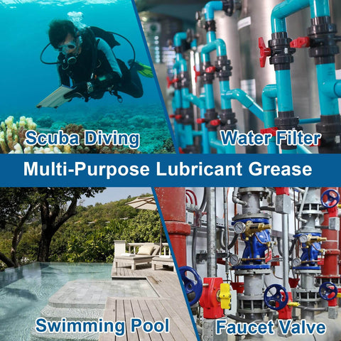 Image showing applications of Silicone Lubricant For O Rings And Faucets, Food Grade NSF Approved for water filters, valves, and pools.