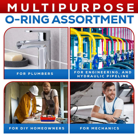 Multipurpose O-ring assortment image with sections for plumbers, engineering, homeowners, and mechanics.