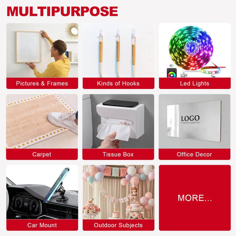 Collage showcasing uses of Heavy Duty Removable Double Sided Foam Tape for pictures, hooks, LED lights, and more.