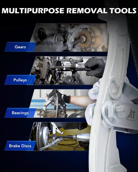 Gear Puller Set, 3" 4" 6" 8" 3 Jaw Puller Kit for Pulley Gear Bearing Flywheel Removal demonstrated on gears, pulleys, bearings, brake discs