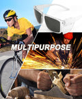 Collage showcasing Removable Side Shield Safety Glasses With UV400 Anti Fog Lenses For Work used in cycling, welding, woodworking