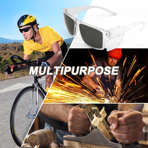 Collage showcasing Removable Side Shield Safety Glasses With UV400 Anti Fog Lenses For Work used in cycling, welding, woodworking
