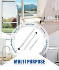 Adjustable Sliding Glass Door Security Bar With Rubber Tips Fits Seventeen Point Seven To Fifty Point Five Inches White One Inch Diameter Sturdy Durable Window Safety Bar Locks For Home Apartment And Patio Prevents Forced Entry And Keeps Kids Safe; multi-purpose use illustrated in various settings.