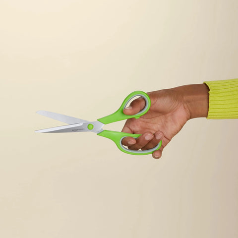 Hand holding Stainless Steel Scissors Multipurpose Office And Craft Shears With PVD Coated Blades For Superior Cutting Power