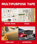 Multipurpose tape used for picture frames, hooks, strip lights, and automotive settings, showcasing Heavy Duty Double Sided Tape 1/2 Inch By 50 Feet Waterproof Mounting Tape For Walls, Posters, Automotive, Outdoor And Indoor Use, Strong Adhesive Foam Tape That Bonds Up To 1 Lb Per Inch applications.