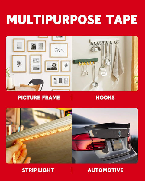 Multipurpose tape used for picture frames, hooks, strip lights, and automotive settings, showcasing Heavy Duty Double Sided Tape 1/2 Inch By 50 Feet Waterproof Mounting Tape For Walls, Posters, Automotive, Outdoor And Indoor Use, Strong Adhesive Foam Tape That Bonds Up To 1 Lb Per Inch applications.