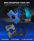 Multipurpose tool set including rear axle bearing puller for automotive maintenance with blue and black components shown.