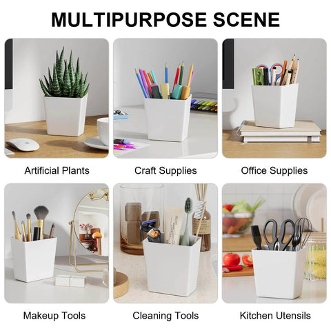 White cup holders with plants, craft supplies, office and kitchen items in multipurpose use