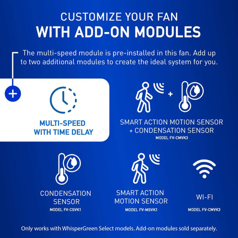 Add-on modules for Whisper Quiet Dual Speed Ceiling Exhaust Fan With Designer Grille, Customizable 30 To 110 CFM, Energy Efficient Bath And Laundry Vent, Timed Or Sensor Activated Ventilation, FV-0511VKS3S.