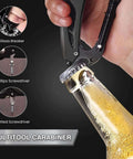 Opening bottle with six in one multitool carabiner with folding pocket knife and bottle opener for camping and hiking survival gear