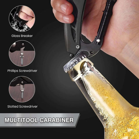 Opening bottle with six in one multitool carabiner with folding pocket knife and bottle opener for camping and hiking survival gear