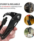 Hand holding Six In One Multitool Carabiner With Folding Pocket Knife And Bottle Opener For Camping And Hiking Survival Gear Including Glass Breaker Phillips And Slotted Screwdrivers EDC Clip