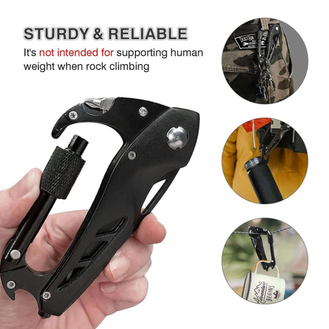 Hand holding Six In One Multitool Carabiner With Folding Pocket Knife And Bottle Opener For Camping And Hiking Survival Gear Including Glass Breaker Phillips And Slotted Screwdrivers EDC Clip