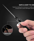 Hand holding Six In One Multitool Carabiner With Folding Pocket Knife And Bottle Opener, showing linear lock feature