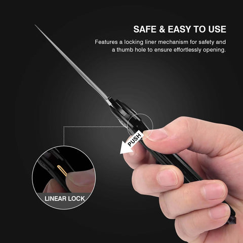 Hand holding Six In One Multitool Carabiner With Folding Pocket Knife And Bottle Opener, showing linear lock feature