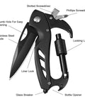 Six In One Multitool Carabiner With Folding Pocket Knife And Bottle Opener For Camping And Hiking Survival Gear Including Glass Breaker Phillips And Slotted Screwdrivers EDC Clip