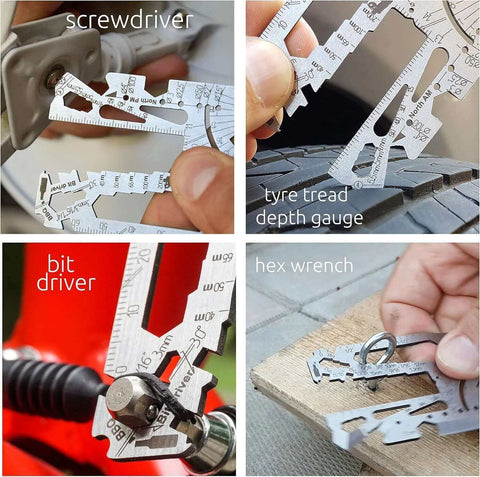 Universal 3.0 Card Multitool With 60 Plus Tools in 440C Stainless Steel used as screwdriver, depth gauge, bit driver, and hex wrench.