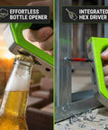 Versatile 8 in 1 multitool hammer used as bottle opener and hex driver, green ergonomic D-handle, stainless frame in use outdoors.