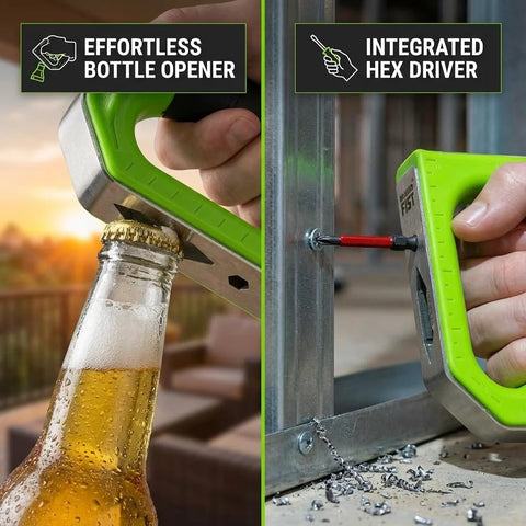 Versatile 8 in 1 multitool hammer used as bottle opener and hex driver, green ergonomic D-handle, stainless frame in use outdoors.