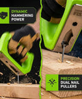 Versatile 8 in 1 multitool hammer combines a non-marring mallet, dual nail pullers in use on wood, ergonomic D-handle visible.