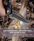 Close-up of Six In One Multitool Carabiner with Folding Pocket Knife cutting wood, ideal for camping and hiking survival gear.