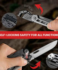 Person using 16 In 1 Stainless Steel Multitool Pliers With Adjustable Hex Wrench And Damascus Pocket Knife showing self-locking safety.