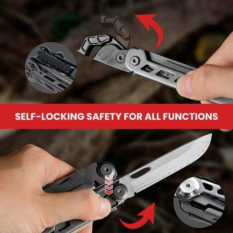 Person using 16 In 1 Stainless Steel Multitool Pliers With Adjustable Hex Wrench And Damascus Pocket Knife showing self-locking safety.