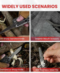 Close-ups of 16 In 1 Stainless Steel Multitool demonstrating knife, scissors, and file in use for survival tasks.