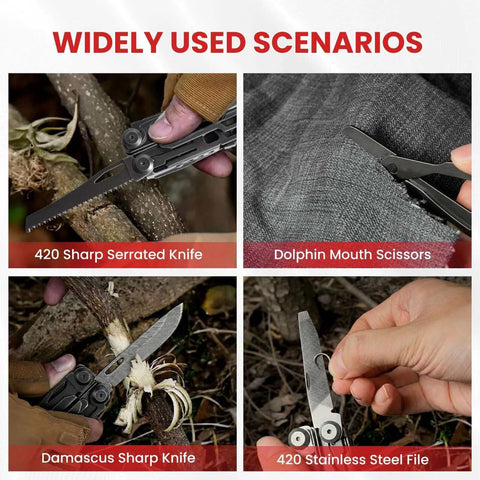 Close-ups of 16 In 1 Stainless Steel Multitool demonstrating knife, scissors, and file in use for survival tasks.