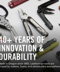 Assorted multitools showcasing 40+ years of innovation and durability from Leatherman, made in Oregon since 1983.