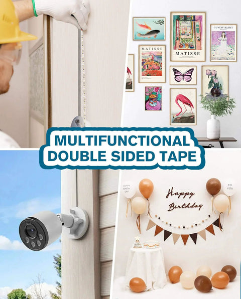 Industrial Strength Double Sided Mounting Tape 0.4 Inch By 36 Foot Foam Adhesive for mounting decor and outdoor use, shown in varied applications.