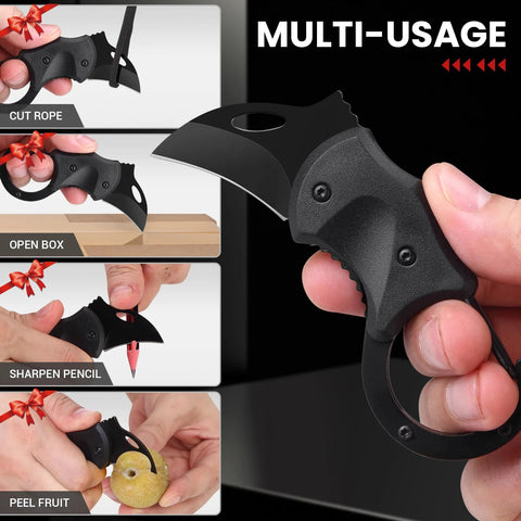 Compact Pocket Knife For Valentines Day Gifts For Him, Everyday Carry EDC Box Cutter shown cutting rope, opening box, sharpening pencil, and peeling fruit.