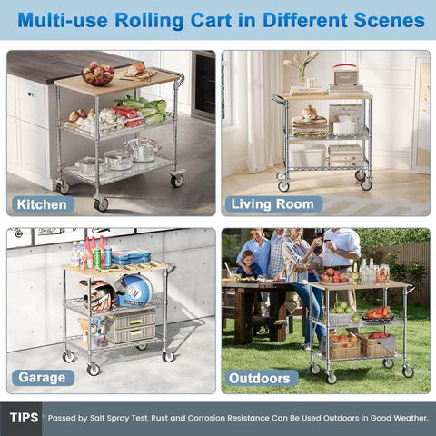 Heavy Duty Rolling Kitchen Cart With Wheels, 34 Inch L By 17.5 Inch W, 3 Tier Utility Cart With Wood Top, used in various settings