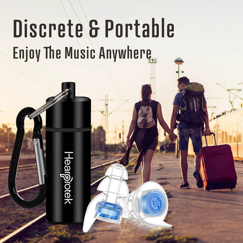 Reusable High Fidelity Musician Ear Plugs For Concerts And Loud Music Protection 20 dB Noise Reduction travel case with couple at sunset