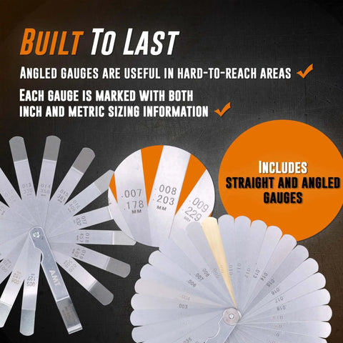 Mutt Tools 2pc Feeler Gauge Set with straight and angled blades, featuring inch and metric sizing info, ideal for valve adjustments.