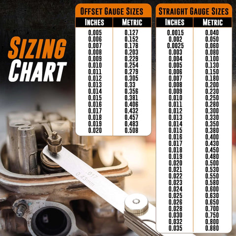 Mutt Tools 2pc Feeler Gauge Set size chart with straight and offset measurements, gauge shown in automotive valve adjustment