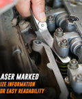 Close-up of Mutt Tools 2pc Feeler Gauge Set used in automotive engine, featuring laser-marked size for easy readability.