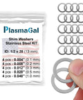 PlasmaGal stainless steel shim washers for precise alignment, 1/2x28 threads in .223 and 5.56 calibers, 20 pieces, various thicknesses.