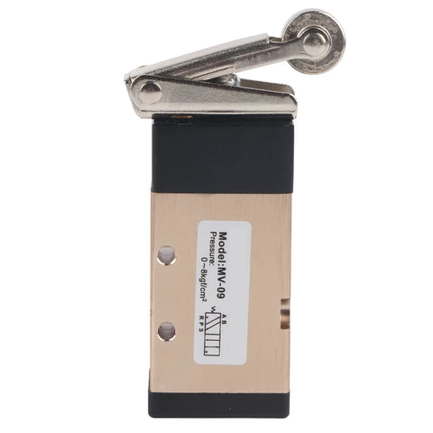 2 Position 5 Way Pneumatic Hand Pull Valve Roller Type Pneumatic Mechanical Valve 1/4" PT Port Aluminum Alloy Pneumatic Switch Valve MV-09 Pneumatic Control Reversing Valve, front view with roller lever visible