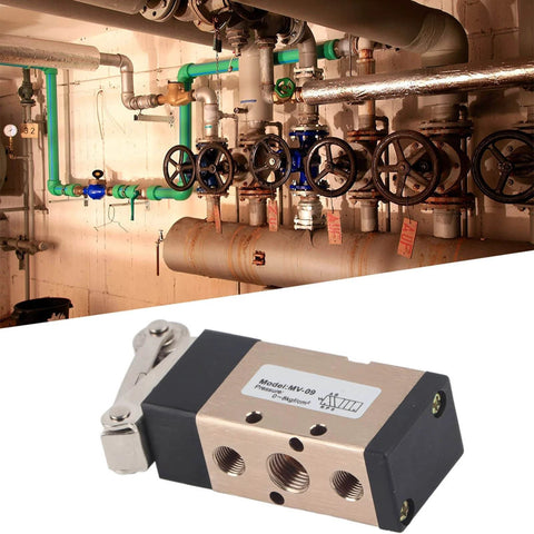 2 Position 5 Way Pneumatic Hand Pull Valve Roller Type Pneumatic Mechanical Valve 1/4" PT Port Aluminum Alloy Pneumatic Switch Valve MV-09 Pneumatic Control Reversing Valve in front of industrial piping setup.