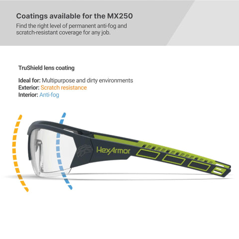Side view of MX250 Variomatic Safety Glasses with Transition Lenses Anti Fog ANSI Z87 UV featuring TruShield lens coating.