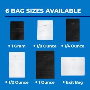 Assorted sizes of Mylar bags including 1 gram, 1/8 ounce, 1/4 ounce, 1/2 ounce, 1 ounce, and exit bag.