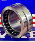 Close-up of NA4905 Needle Roller Bearing 25x42x17mm - Machined Type with inner ring on a blue and red packaging background.