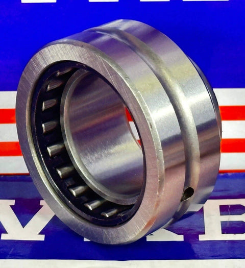 Close-up of NA4905 Needle Roller Bearing 25x42x17mm - Machined Type with inner ring on a blue and red packaging background.