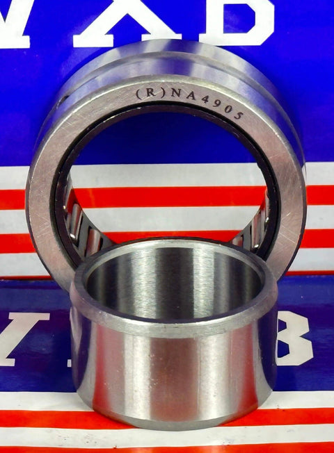 NA4905 Needle Roller Bearing 25x42x17mm with inner ring, machined type shown with both rings against a colorful background