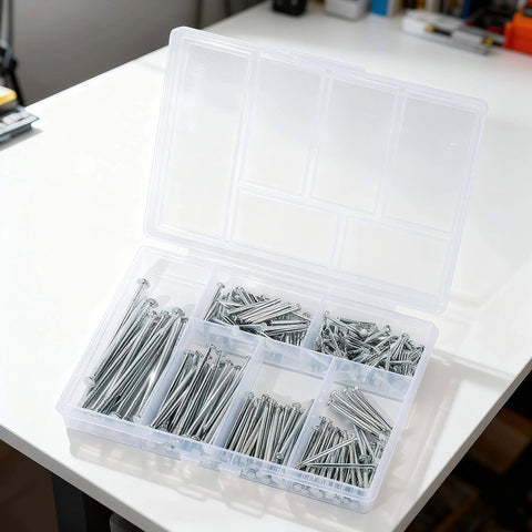 280 Pcs Nail Assortment Kit, 6 Sizes Finishing Nails for Hanging Pictures, Maximum Length 2 Inches Galvanized in plastic organizer