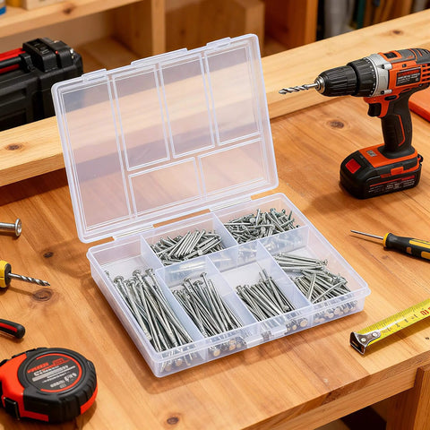 280 Pcs Nail Assortment Kit, 6 Sizes Finishing Nails for Hanging Pictures, Maximum Length 2 Inches Galvanized, in plastic case on a table