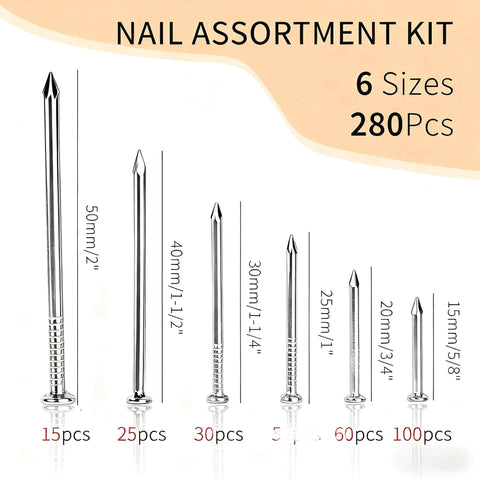 280 Pcs Nail Assortment Kit, 6 Sizes Finishing Nails for Hanging Pictures, Maximum Length 2 Inches Galvanized, Long and Small Nails