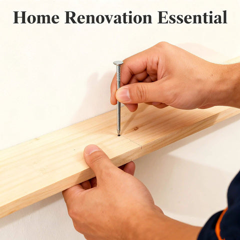 Hands installing a nail into wood with 280 Pcs Nail Assortment Kit, 6 Sizes Finishing Nails for Hanging Pictures.