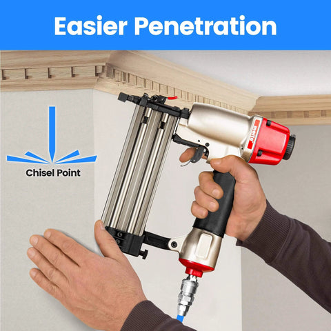 Using 18 Gauge Brad Nails, Assorted 6 Sizes (5/8", 3/4", 1", 1-1/4", 1-1/2" and 2-Inch) for trim work with pneumatic nail gun.